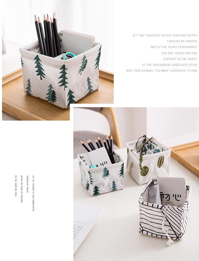 Coloffice 1PC Simple Cute Cactus Pine Tree Stripe Pattern Flax Stationery Holder Multifunction Desktop Storage Office Supplies