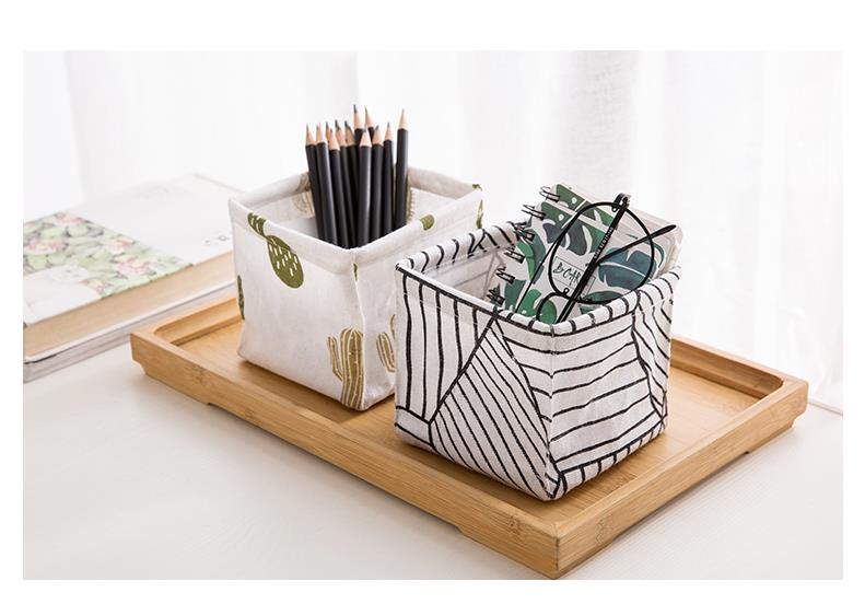 Coloffice 1PC Simple Cute Cactus Pine Tree Stripe Pattern Flax Stationery Holder Multifunction Desktop Storage Office Supplies