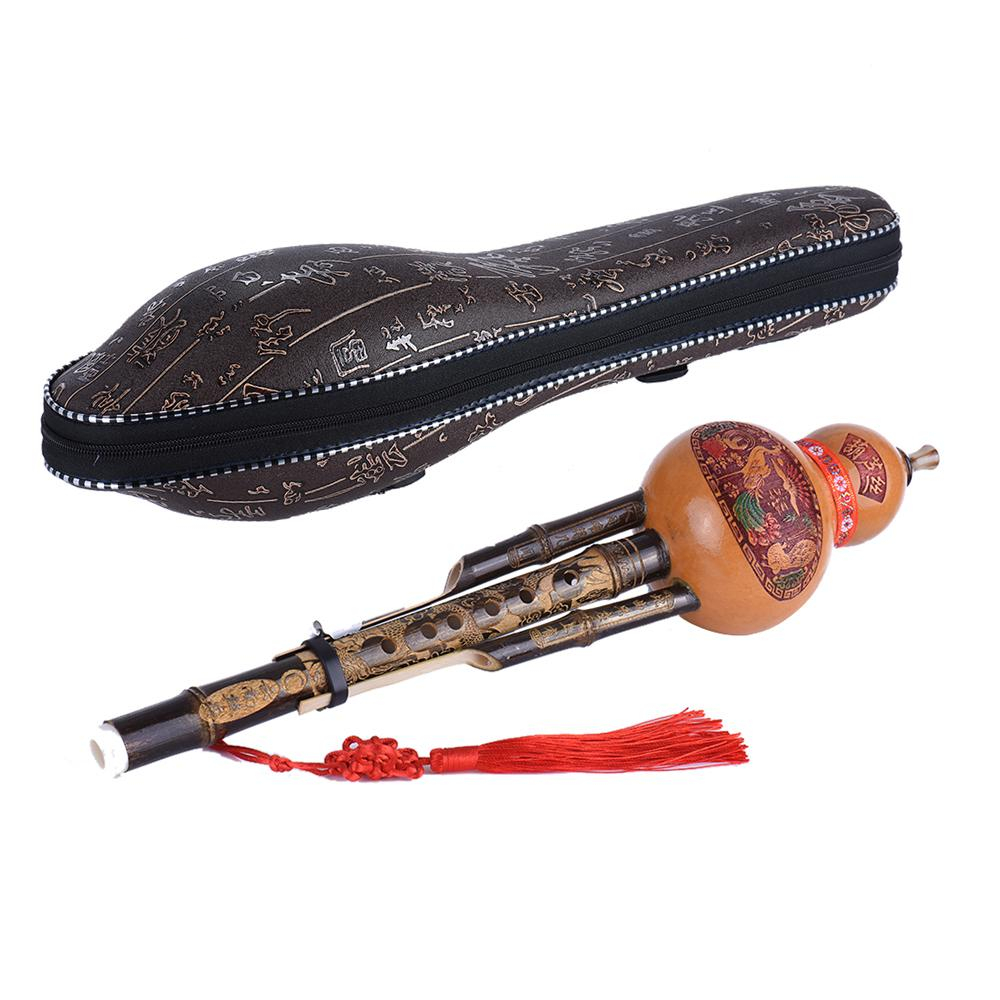 Chinese Handmade Hulusi Black Bamboo Gourd Cucurbit Flute Ethnic Musical Instrument Key of C with Case for Beginner Music Lovers